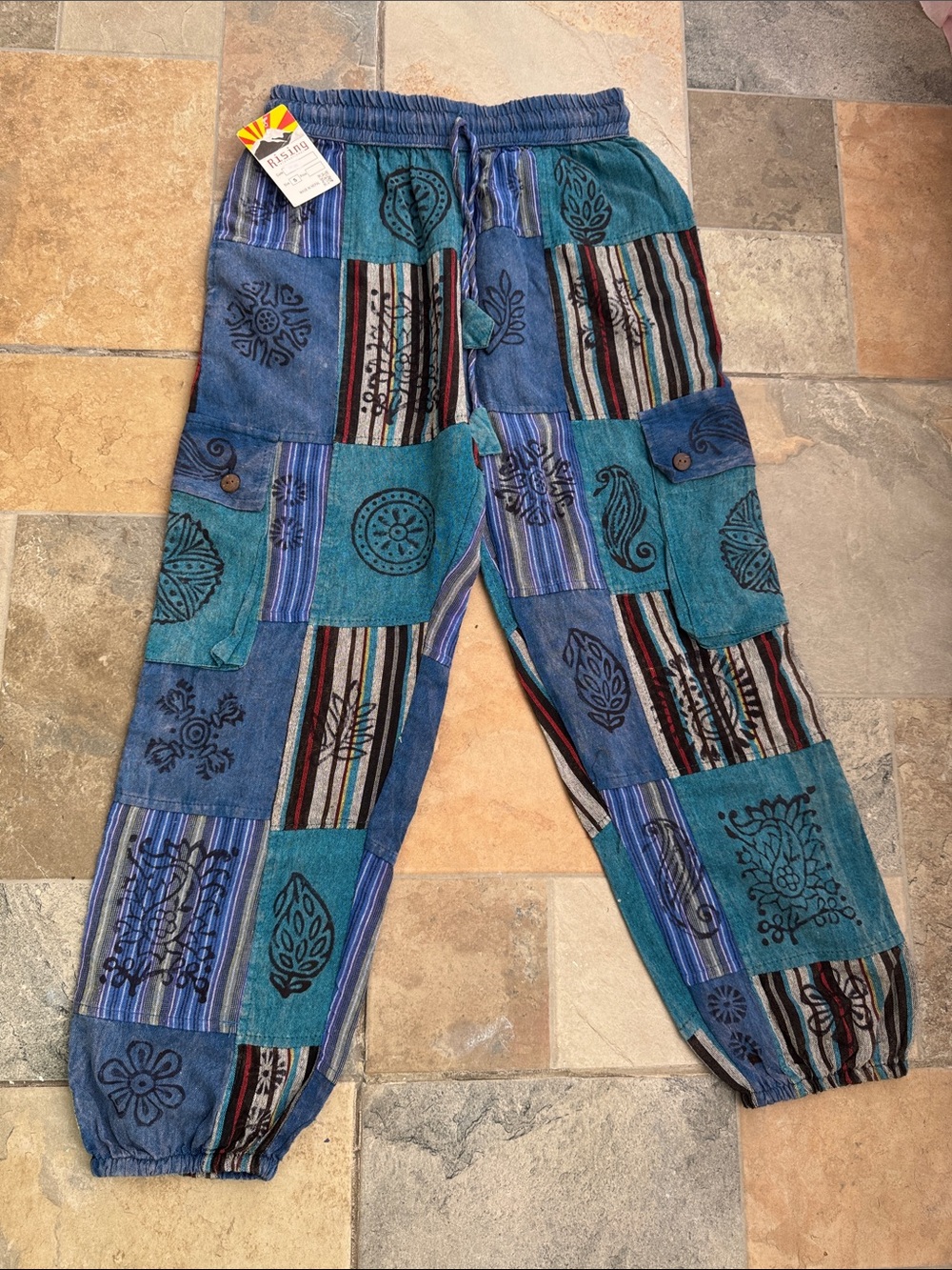 Patchwork Casual Cotton Trousers Hippie Yoga Festival Pants S with 5 pockets
